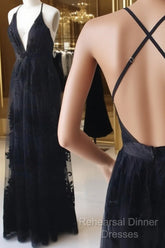 V Neck Black Backless Lace Semi Formal Prom Dresses, Open Back Black Lace Formal Evening Bridesmaid Dresses